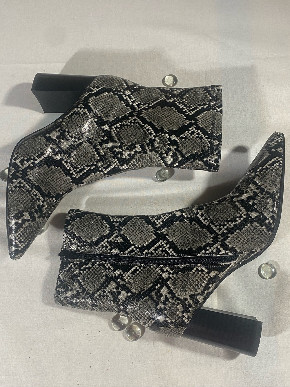 Jeffrey Campbell Siren Leather Black and Gray Snake-Print Pointed Ankle Boots